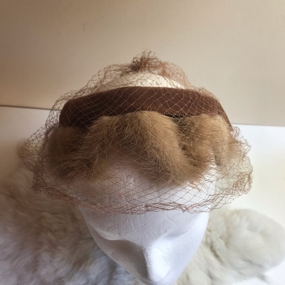 Vintage 50s Mink Velvet Net Hat Taupe USA Union